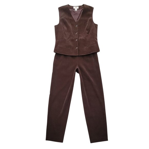 Talbots Petite VTG Faux Suede 2 Piece Vest and Pants Set Chocolate Brown - Picture 1 of 13